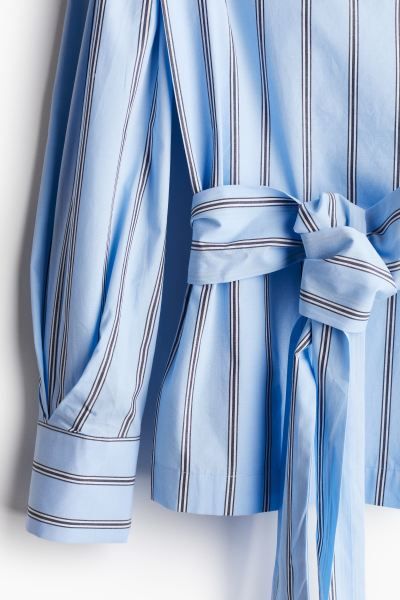 Tie-belt poplin blouse - Light blue/Striped - Ladies | H&M GB | H&M (UK, MY, IN, SG, PH, TW, HK)