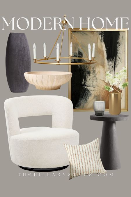 Modern Home: Neutral home decor and furniture finds for the modern organic home. Modern accent chair, boucle chair, pedestal accent table, framed abstract art, gold chandelier, tall ceramic vase, ceramic bowl, accent pillow, gold case, faux lilac stems, smoky glass tumbler. Target, west elm, Wayfair, Crate & Barrel, Pottery Barn, Afloral.

#LTKStyleTip #LTKHome #LTKSeasonal