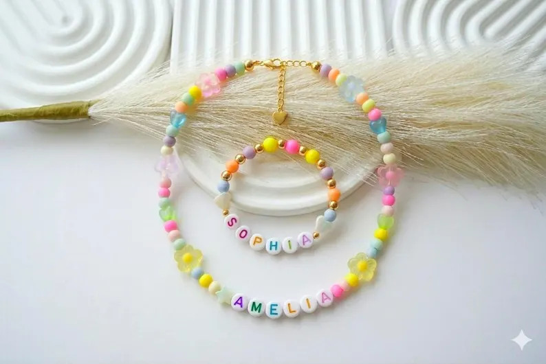 Custom Rainbow Name Necklace Bracelet Set \u2022 Pastel Letter Beads, Star, Heart Charms - Etsy | Etsy (Global)