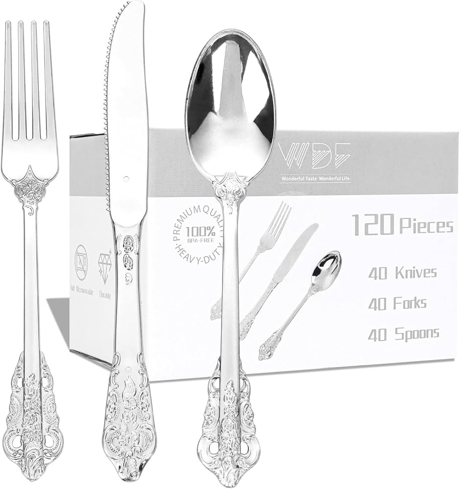 WDF 120PCS Silver Plastic Silverware - Heavy Duty Silver Plastic Cutlery Set - 40 Silver Forks, 4... | Amazon (US)