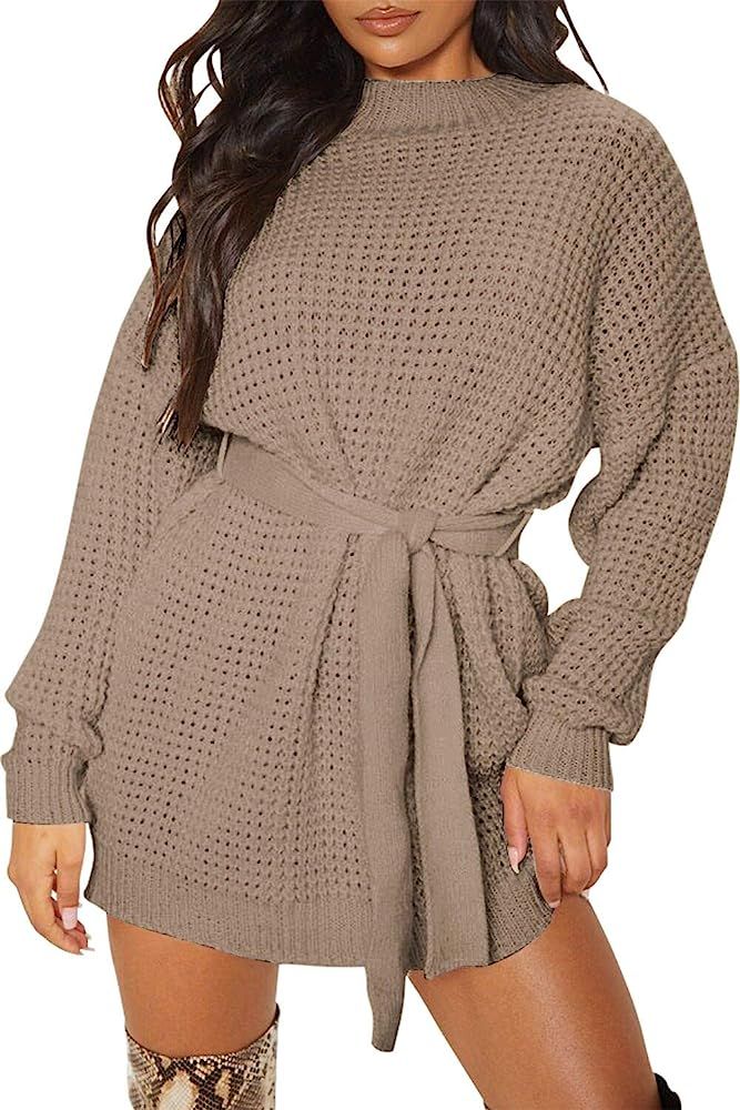 ZESICA Women's Long Sleeve Solid Color Waffle Knitted Tie Wasit Tunic Pullover Sweater Dress | Amazon (US)