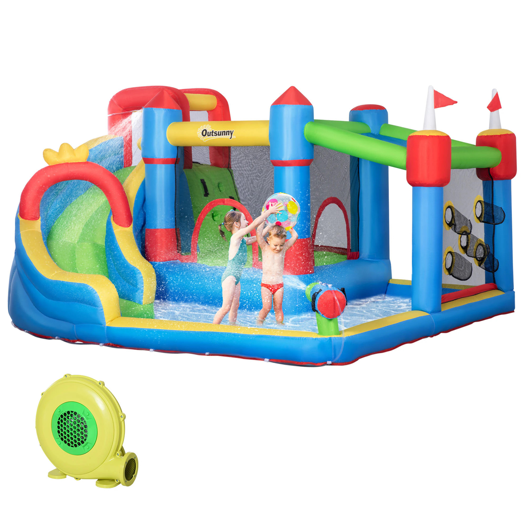 Outsunny 6in1 Inflatable Water Slide Kids Bounce Includes Slide Trampoline Pool Cannon Climbing Wall Throwing Wall with 450W Air Blower one_size | Lowe's