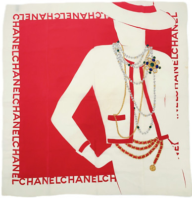 Chanel Scarf Mademoiselle Silhouette Red Off-White Logo 100% Silk Made in Italy | eBay US