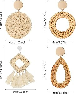 4 Pairs Rattan Earrings Lightweight Geometric Statement Tassel Woven Bohemian Earrings Handmade S... | Amazon (US)
