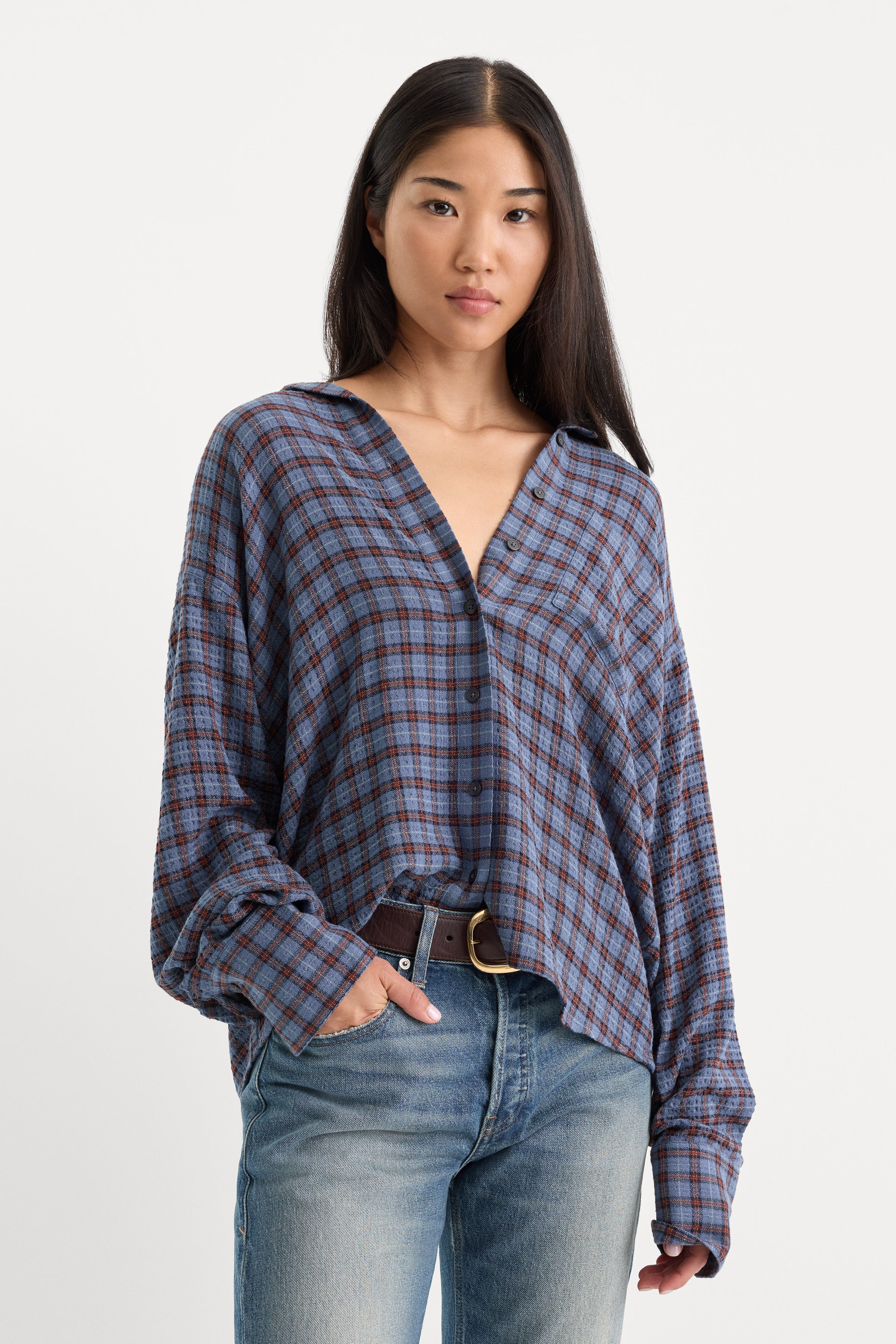 Women's The Crinkle Easy Shirt | Blue Plaid, Size Small | Good American by Khlo� Kardashian | Good American