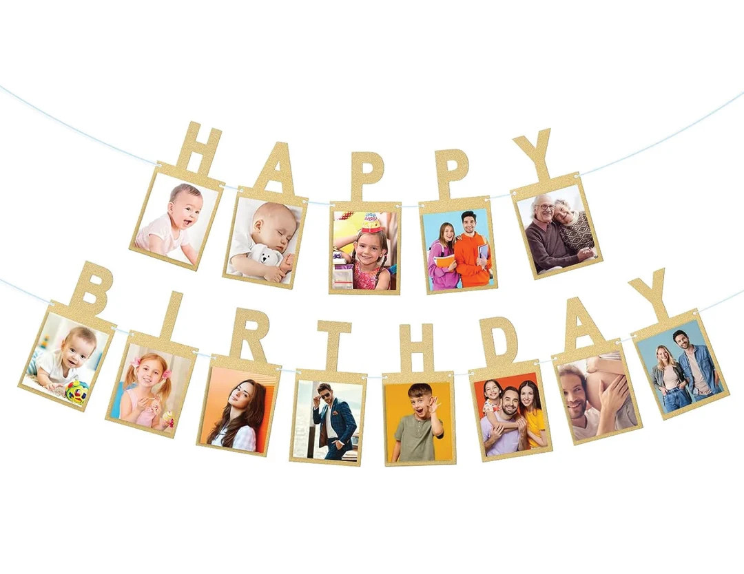 Birthday Photo Banner, Annual Milestone Golden Happy Birthday Banner, Gold Glitter Banner, Milest... | Etsy (US)