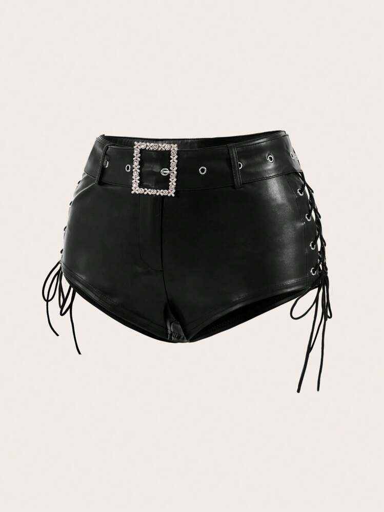 SHEIN ICON Y2k Low Waist Cross Strap Belt Pu Black Hot Shorts | SHEIN