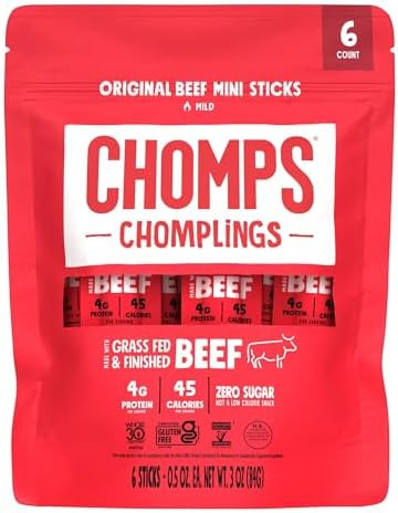 CHOMPS MINI Grass Fed Beef Jerky Meat Snack Sticks 0.5 Oz, Original Beef (Pack of 6) | Amazon (US)