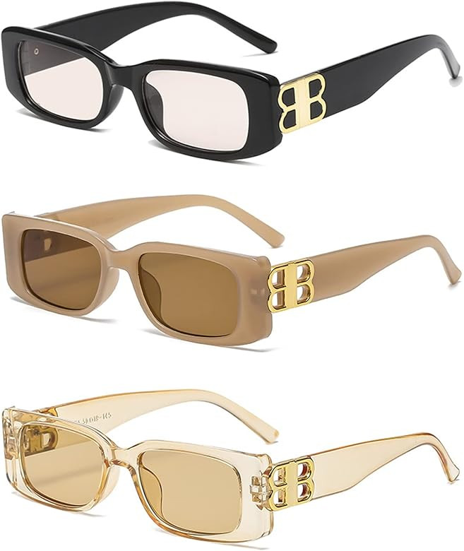 QYVEWY 3 Pairs Small Rectangle Sunglasses for Women 90s Retro Trendy Personality B Frame Y2K Sun ... | Amazon (US)