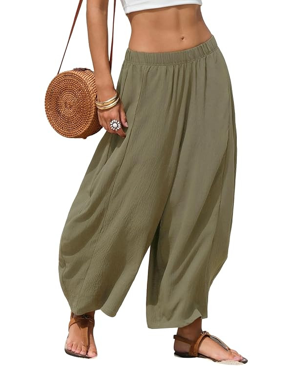 EXLURA Womens Faux Linen Wide Leg Boho Flowy Pants Summer Palazzo Casual Elastic Waist Baggy Trou... | Amazon (US)
