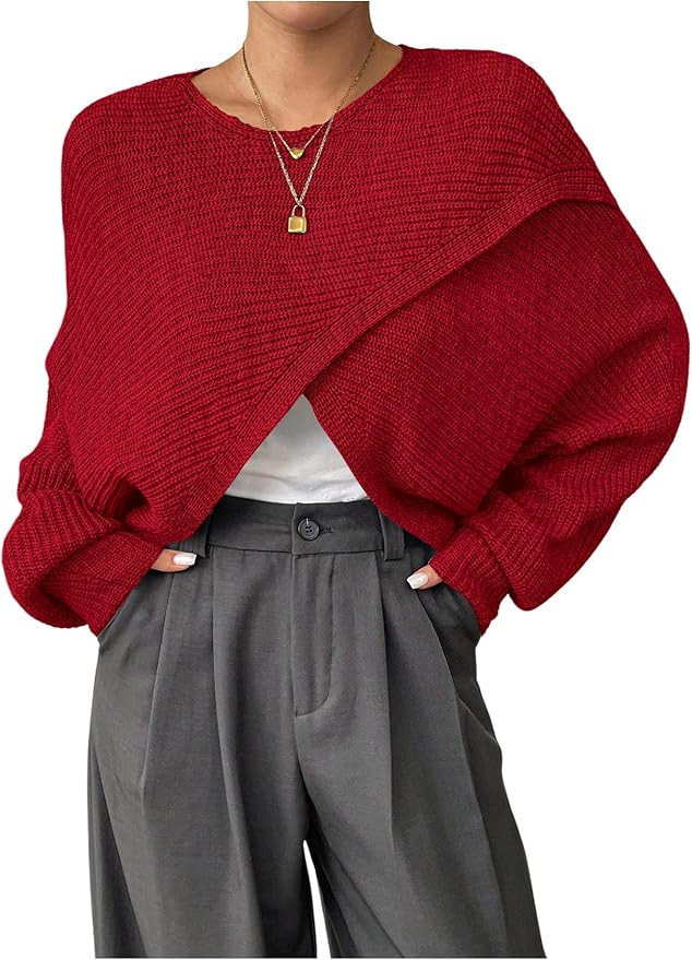 Verdusa Women's Lightweight Asymmetrical Wrap Fall Sweater Tops Old Money Puff Sleeve Cropped Swe... | Amazon (US)