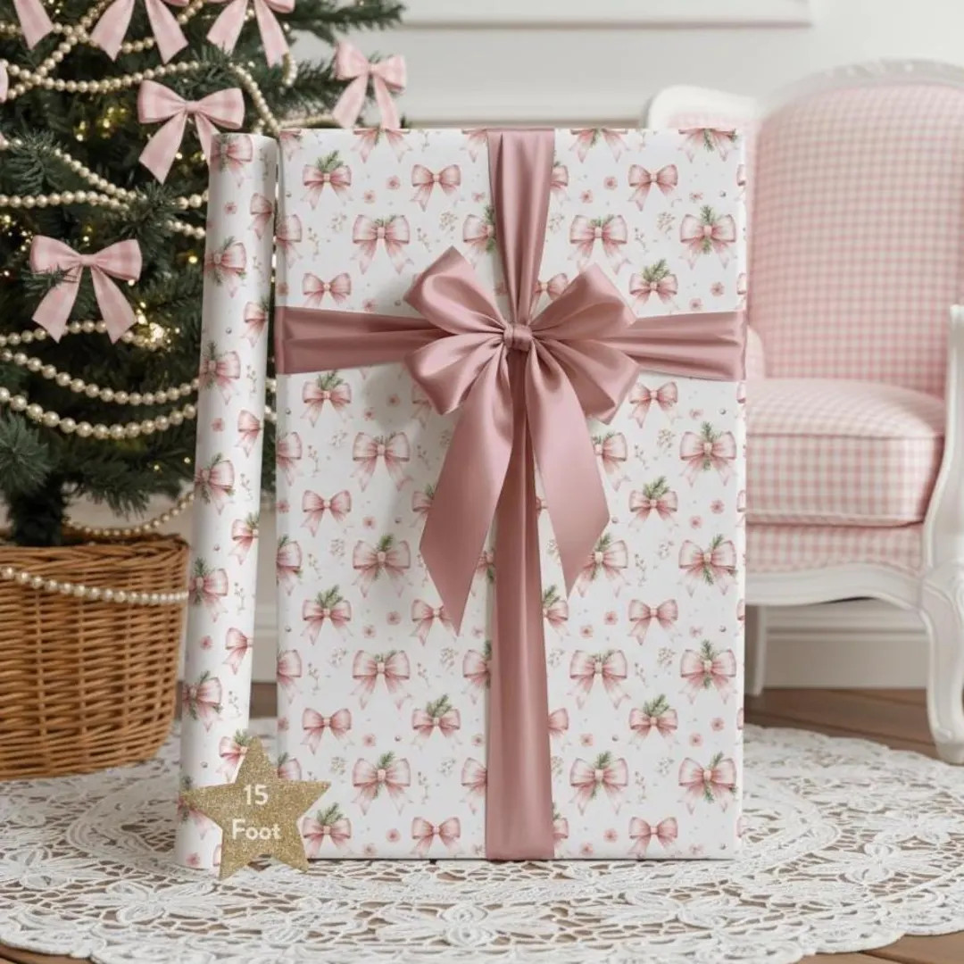 Large Roll Light Pink Christmas Bow Wrapping Paper: Fancy Pink Gingham - Etsy | Etsy (US)