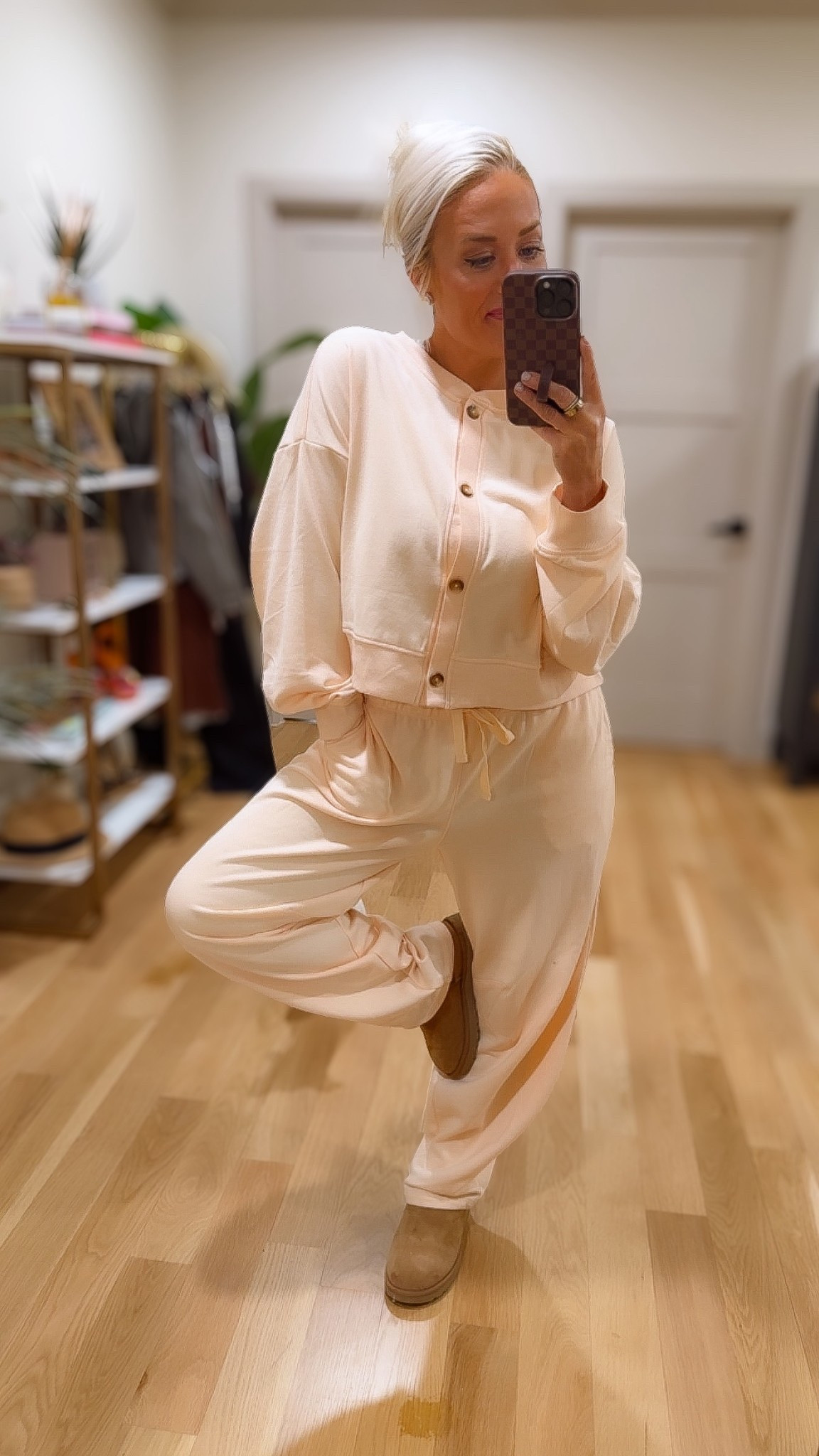 The cutest loungewear in this really pretty peach color, size small in both 