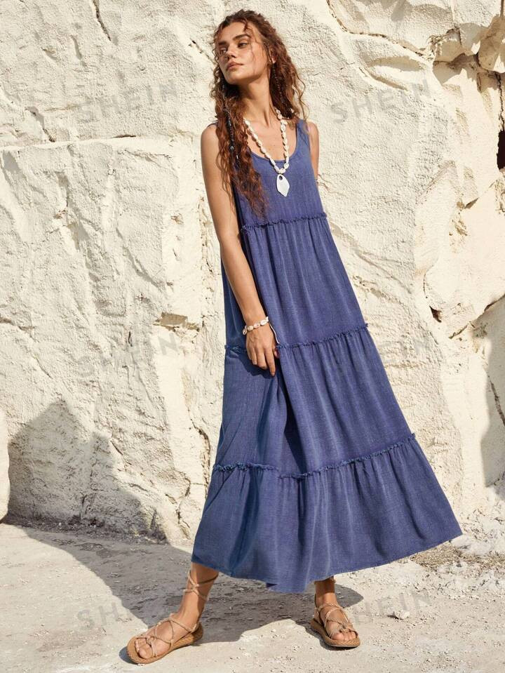 SHEIN BohoFeels Ladies' Sleeveless Frill Trim Dress For Vacation | SHEIN