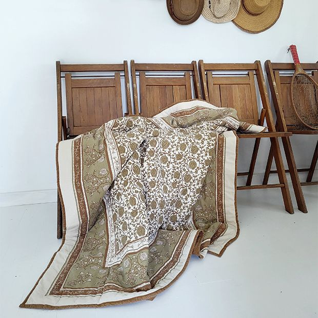Rust Floral Block Print Quilted Throw | Antique Farm House