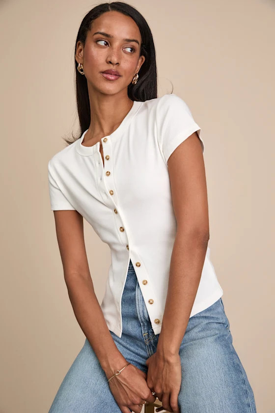 Annalena White Ribbed Button-Front Short Sleeve Top | Lulus