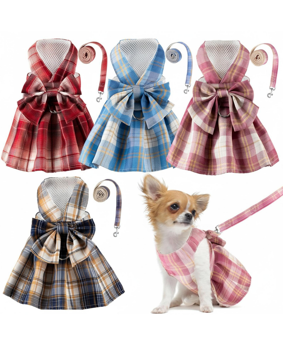 Aronkl 4 Cute Plaid Dog Dress Set with Bow Tie Harness Leash for Small Dogs Puppy Clothes Outfits - Red | Macy's