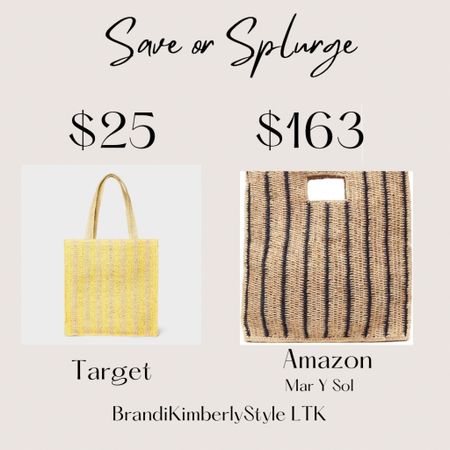 Save or splurge!  This cute bag was shared by an influencer that I love and I love the stripe detail but Target has similar bags for a way better price 💕  I picked this yellow stripe straw bag.  Perfect summer beach bag 💛
Target shopping, summer style, spring bags  
 BrandiKimberlyStyle 

#LTKitbag #LTKstyletip #LTKSeasonal