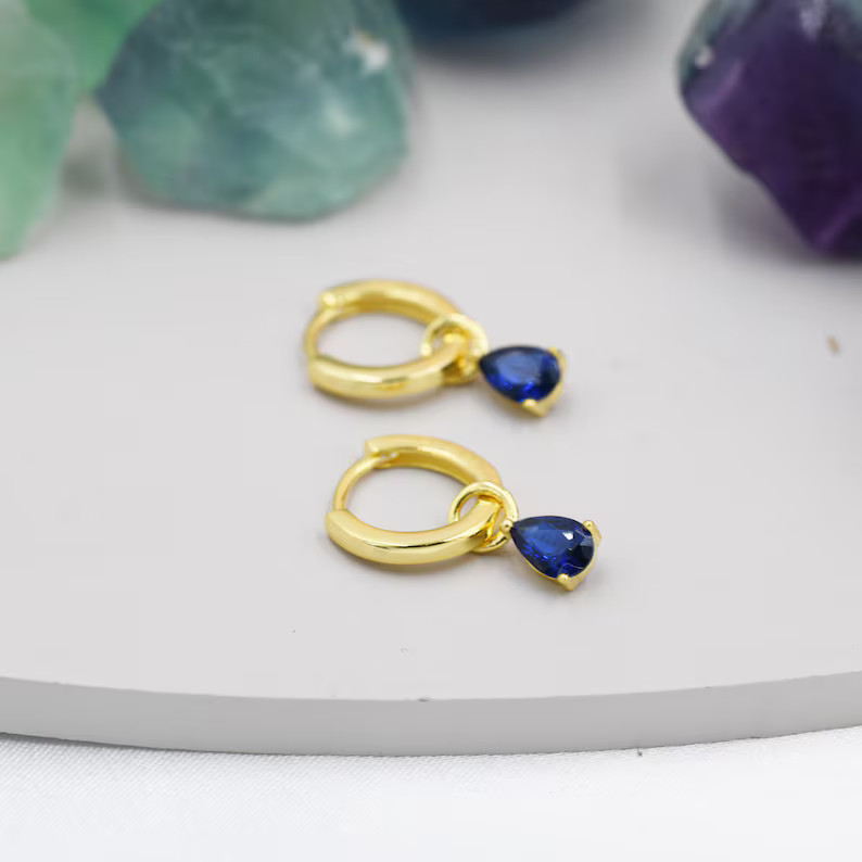 Sterling Silver Sapphire Blue CZ Droplet Hoop Earrings, Silver, Gold or Rose Gold, Pear Cut Drop ... | Etsy (UK)