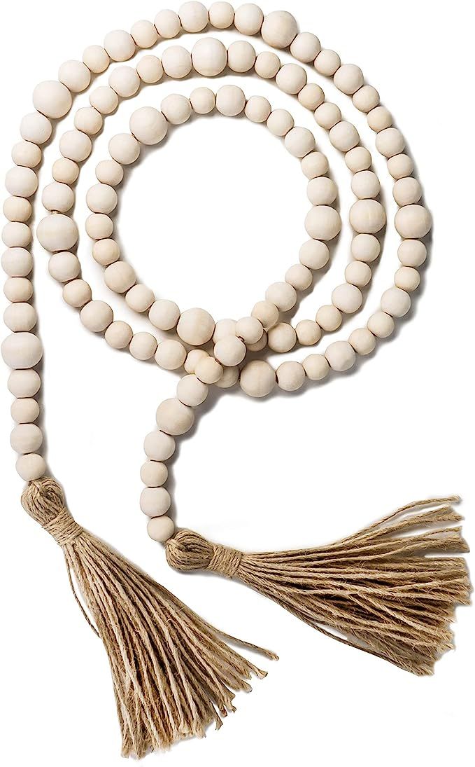 Wood Bead Garland with Tassels, 78 Inch Natural Wooden Beads Garland, 6.5 Feet Handmade Boho Farm... | Amazon (US)
