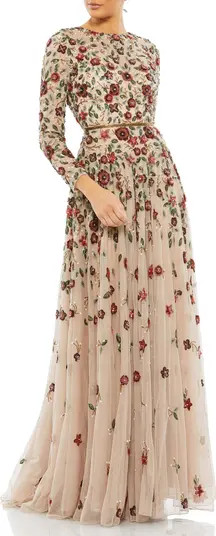 Mac Duggal Floral Appliqué Long Sleeve Illusion Gown | Nordstrom | Nordstrom