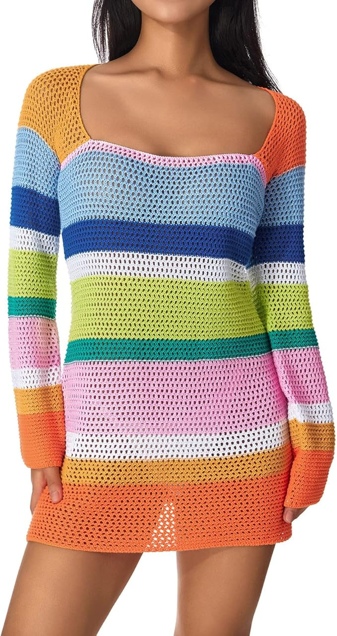 Fabumily Women Crochet Knit Mini Dress Long Sleeve Colorful Mesh Cover Ups Casual Sweater Dress S... | Amazon (US)