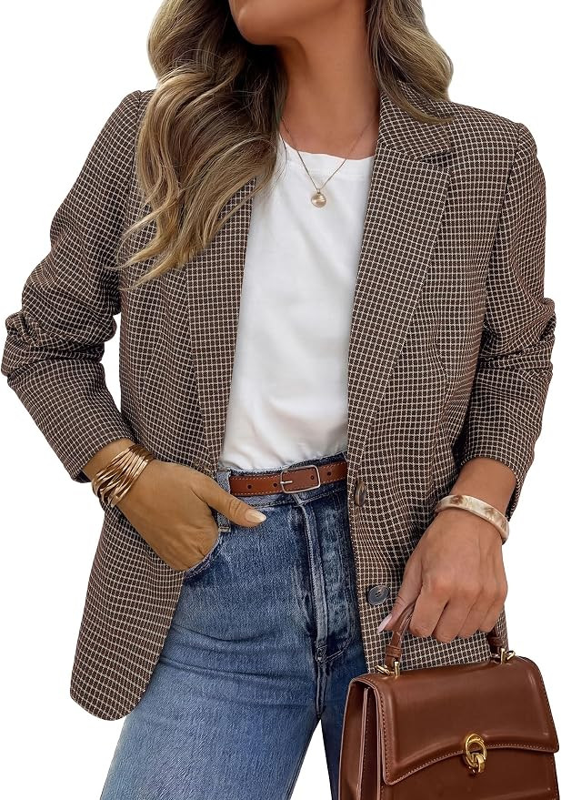 PRETTYGARDEN Fall Blazers for Women Business Casual | Long Sleeve Plaid Houndstooth, Notch Lapel ... | Amazon (US)