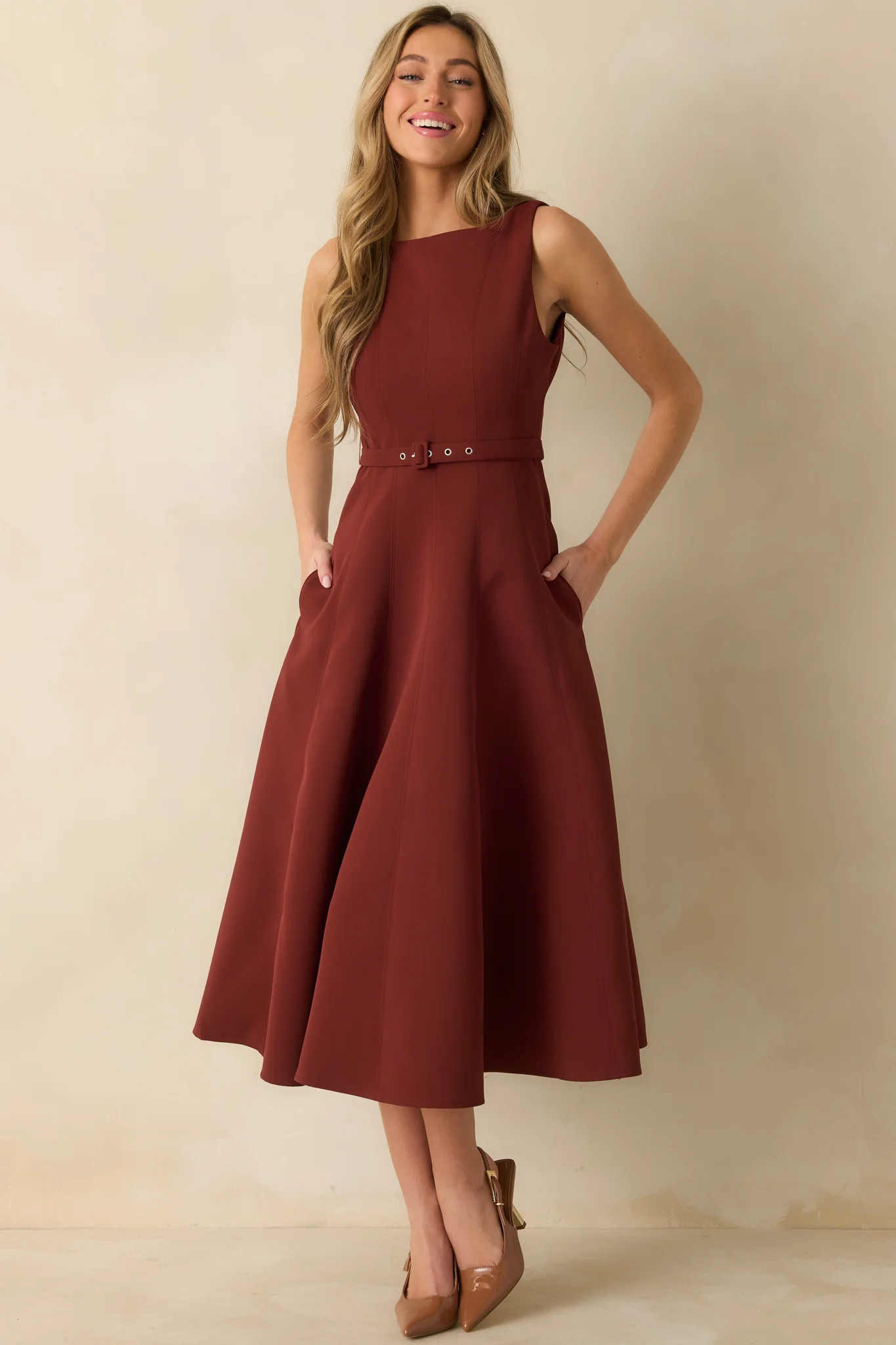 Timely Matter Dark Rust Red Belted Sleeveless Midi Dress | Red Dress