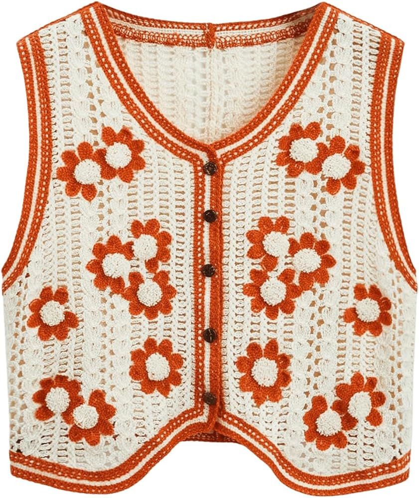 Verdusa Women's Button Front V Neck Sleeveless Checkered Knit Sweater Vest | Amazon (US)