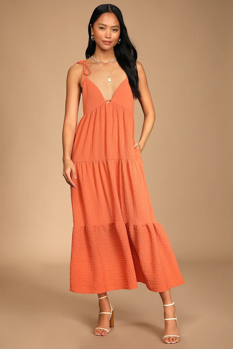 Let the Sun Beam Orange Tie-Strap Tiered Midi Dress With Pockets | Lulus (US)