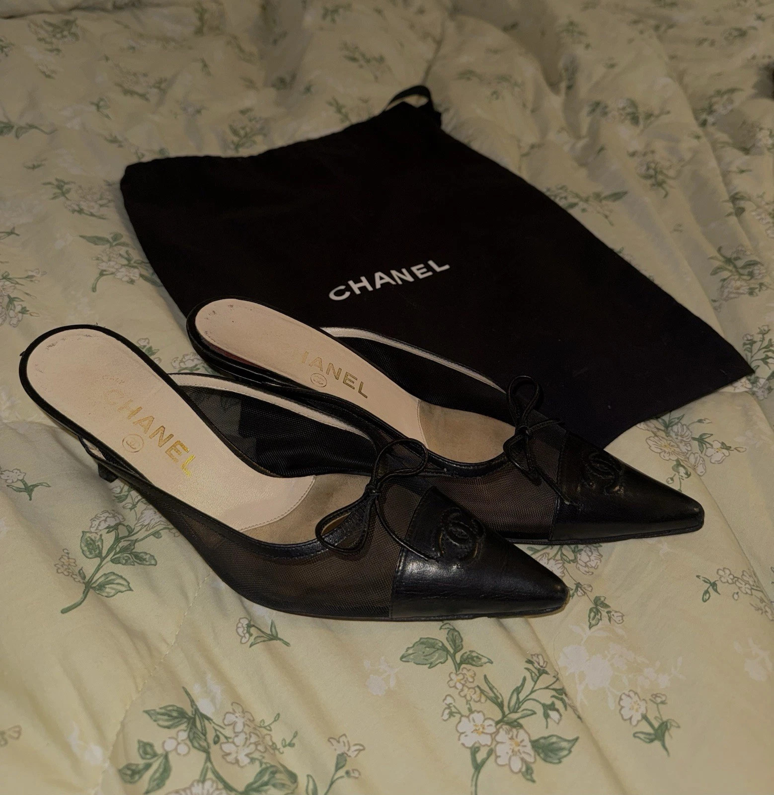 VINTAGE CHANEL Black Leather Mesh Pointed Toe Mule Heels Bow CC Logo 7.5 | eBay | eBay US