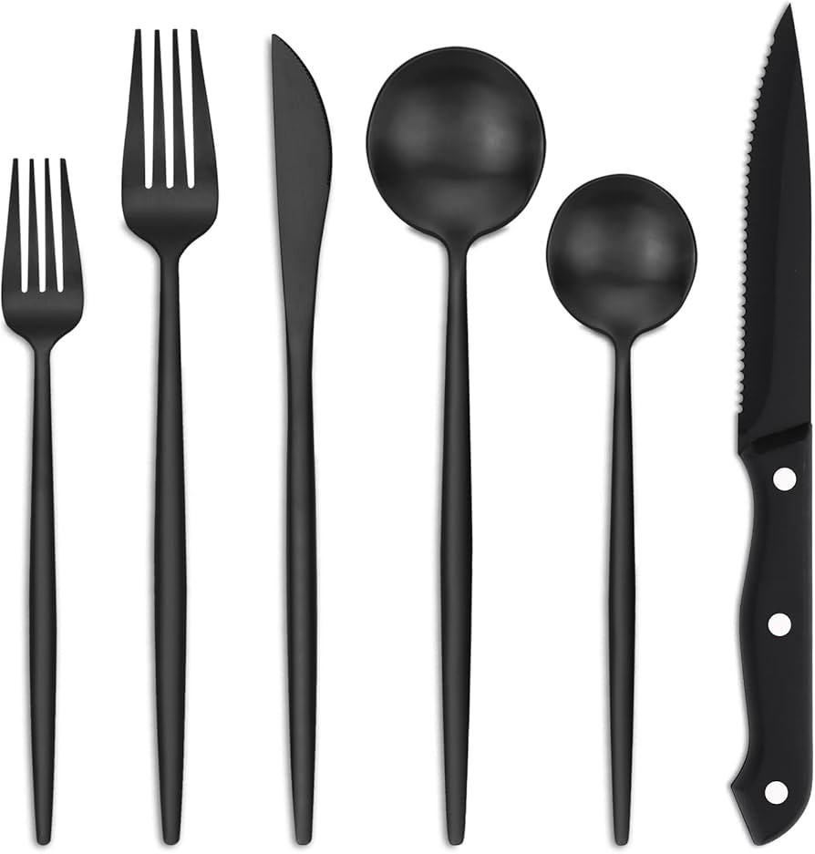 EUIRIO 48-Piece Matte Black Silverware Set with Steak Knives, Black Flatware Set for 8, Stainless... | Amazon (US)