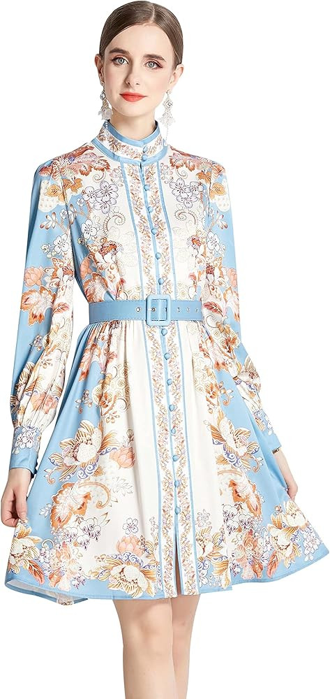 LAI MENG FIVE CATS Women's Floral Print Button up Lantern Sleeve Casual Shirt Dress A-line Mini D... | Amazon (US)