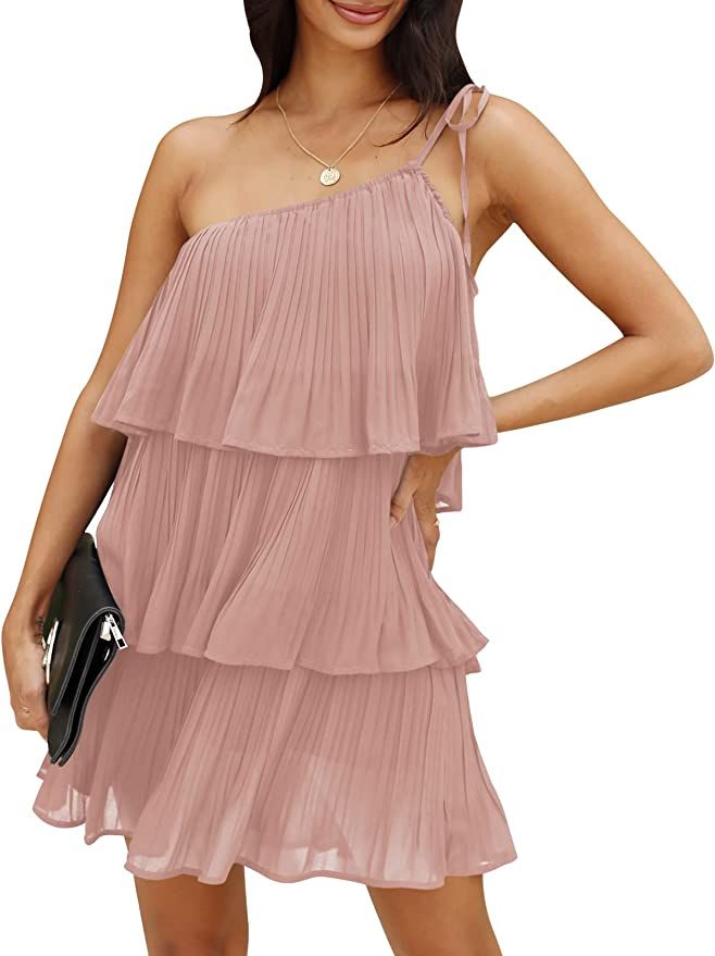 DEEP SELF Women's Summer One Shoulder Chiffon Mini Dress Casual Ruffle Pleated Tiered Flowy Short... | Amazon (US)