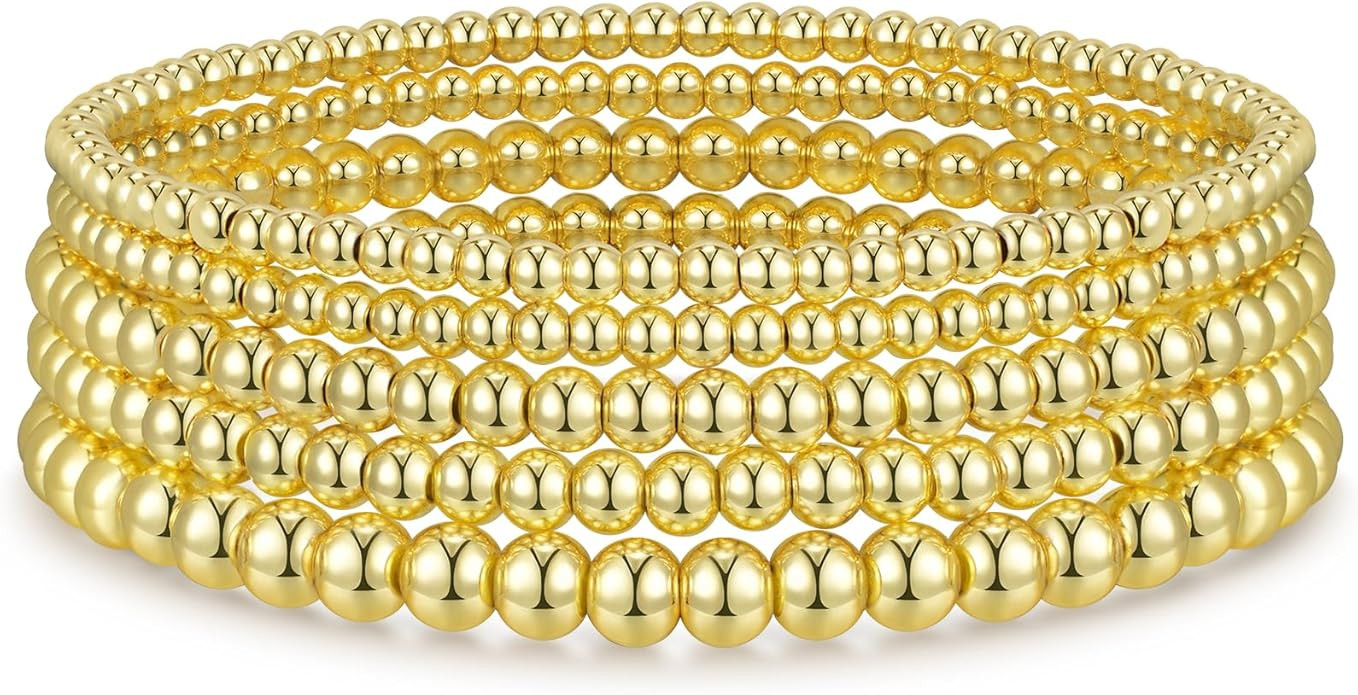 Gold Bracelets for Women Gold Bracelet Stack Gold Beaded Bracelets for Women 14K Gold Plated Stre... | Amazon (US)