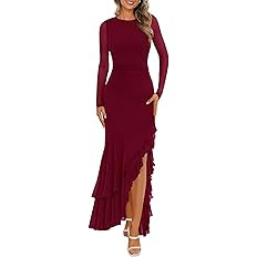 BTFBM Women's Maxi Dresses Fall 2025 Long Sleeve Ruched Bodycon Solid Ruffle Mermaid Cocktail Wed... | Amazon (US)