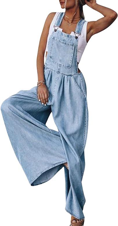 CHARTOU Women's Summer Chic Denim Bib Overalls Baggy Wide Leg Pants One Piece Jumpsuit | Amazon (US)