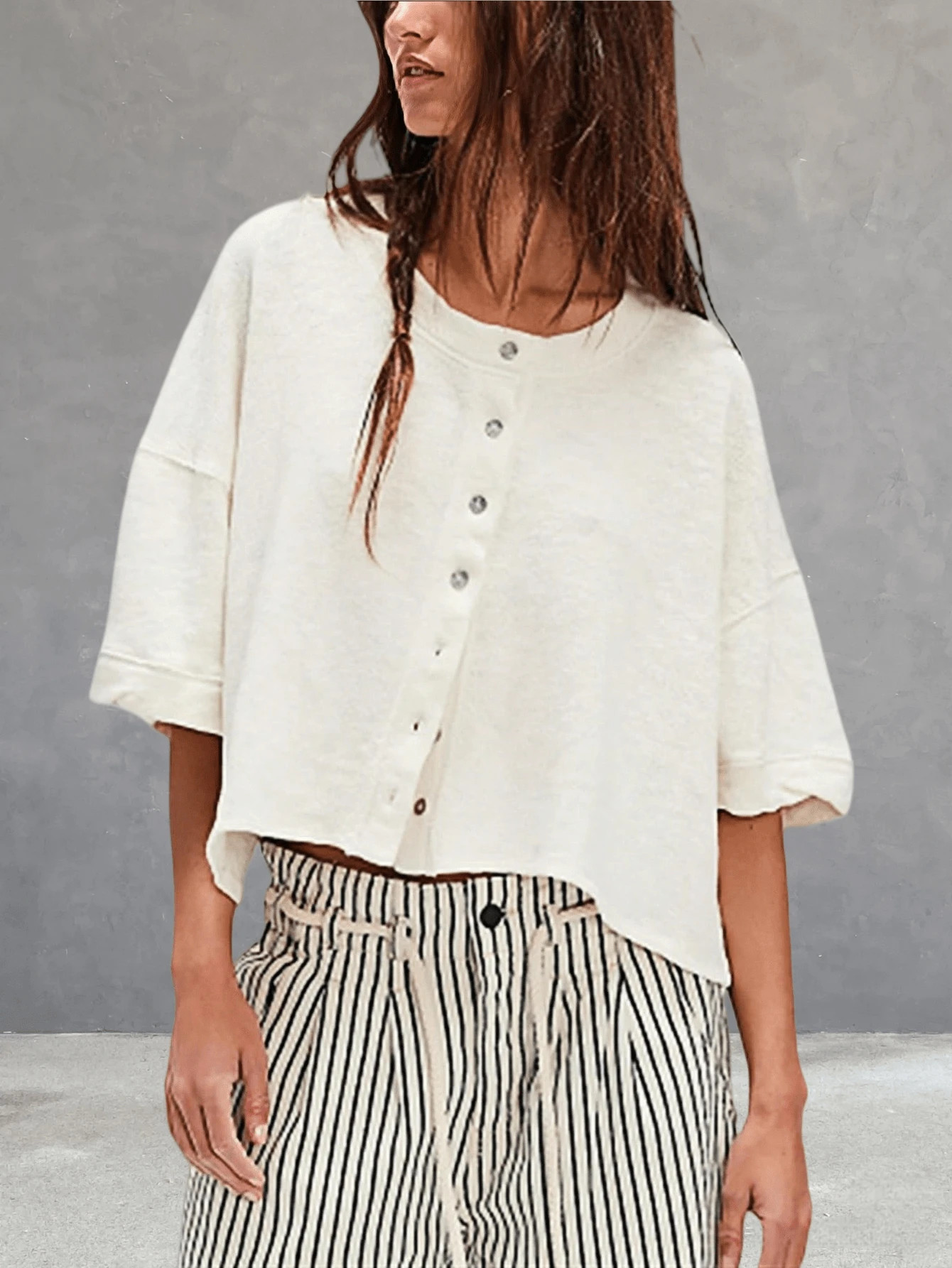 LocalWomen Half Sleeve Cropped Cardigan Shirt Short Sleeve Button Down Open Front Crewneck Loose ... | SHEIN