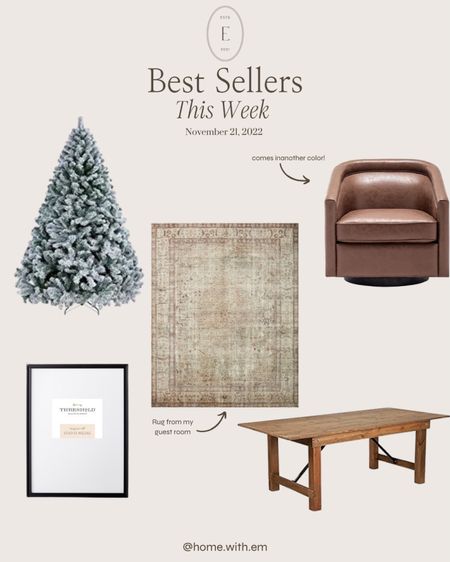 The best sellers from all my posts this week! Faux Christmas tree, neutral area rug, leather swivel chair, farmhouse dining table, black picture frame

#LTKSeasonal #LTKhome #LTKHoliday