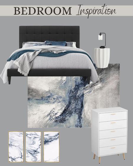 Upholstered bed frame, side table, lamp, area rug, white dresser, blue and white wall art 

#LTKhome #LTKSeasonal #LTKstyletip