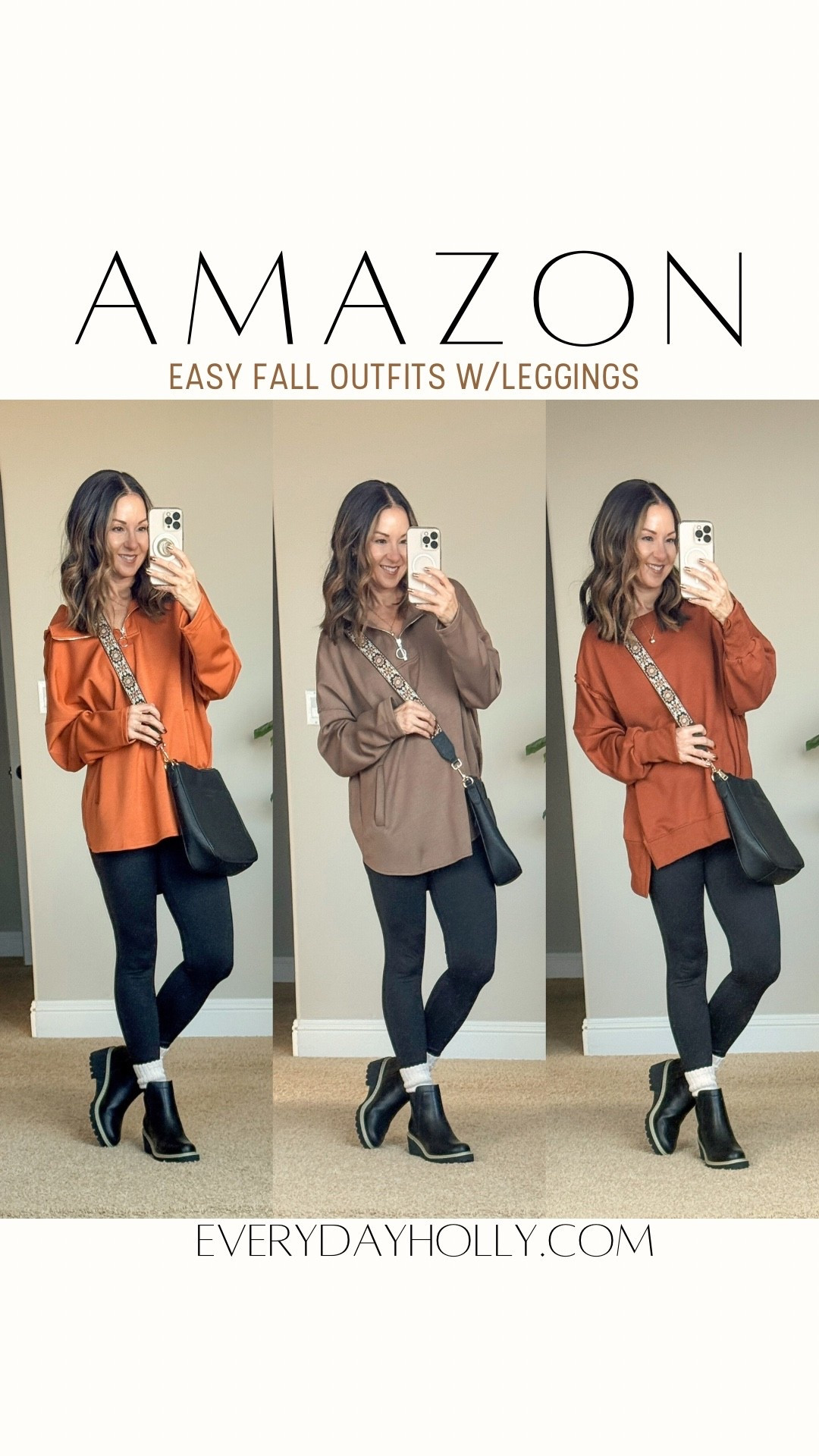 Easy fall outfits from Amazon with leggings and long tunic length pullovers all in the smallest size in caramel, brown. For reference, I'm 5'1", 109lbs. black crossbody bags, scrunch socks with Chelsea boots. Casual comfy outfits.


#LTKOver40 #LTKFindsUnder50 #LTKPetite