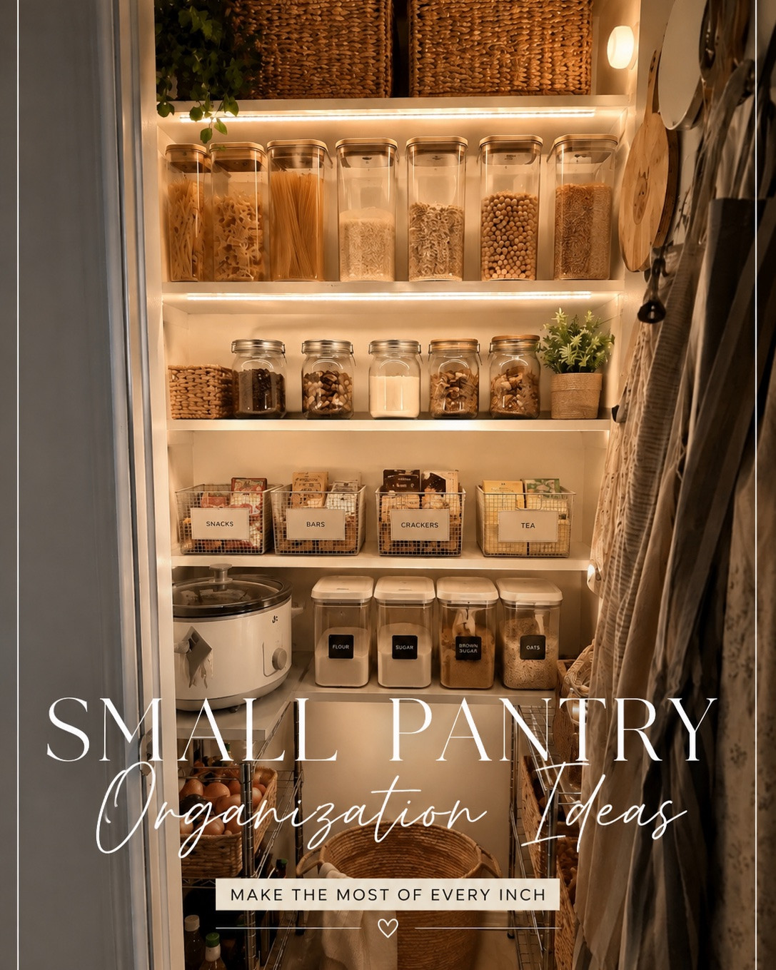 Small pantry? No problem. A few thoughtful upgrades can make even a former coat closet feel custom, bright, and beautifully organized. I’m loving these clear storage canisters, woven baskets, rechargeable under-shelf lights, and rolling carts—they maximize every inch while giving the space a clean, high-end look.

3 easy tips to make a small pantry feel bigger:
🤍 Use matching clear canisters instead of colorful packaging for a cleaner, more open look.
💡 Add warm rechargeable LED lights under each shelf to brighten dark corners and make the pantry feel larger.
🧺 Store backstock in matching baskets and keep everyday essentials visible and organized for less visual clutter.

Everything in this pantry was chosen to be practical, renter-friendly, and beautiful. Shop all of my favorite pantry organization finds below!

#PantryOrganization #SmallPantry #OrganizationIdeas #HomeOrganization #LTKHome