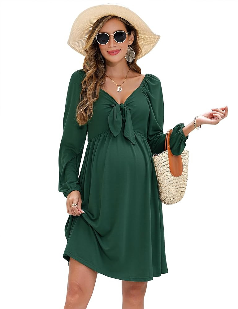 Maternity Dresses for Baby Shower Women's Knotted V Neck Knee Length Wrap Baby Shower Dress | Amazon (US)