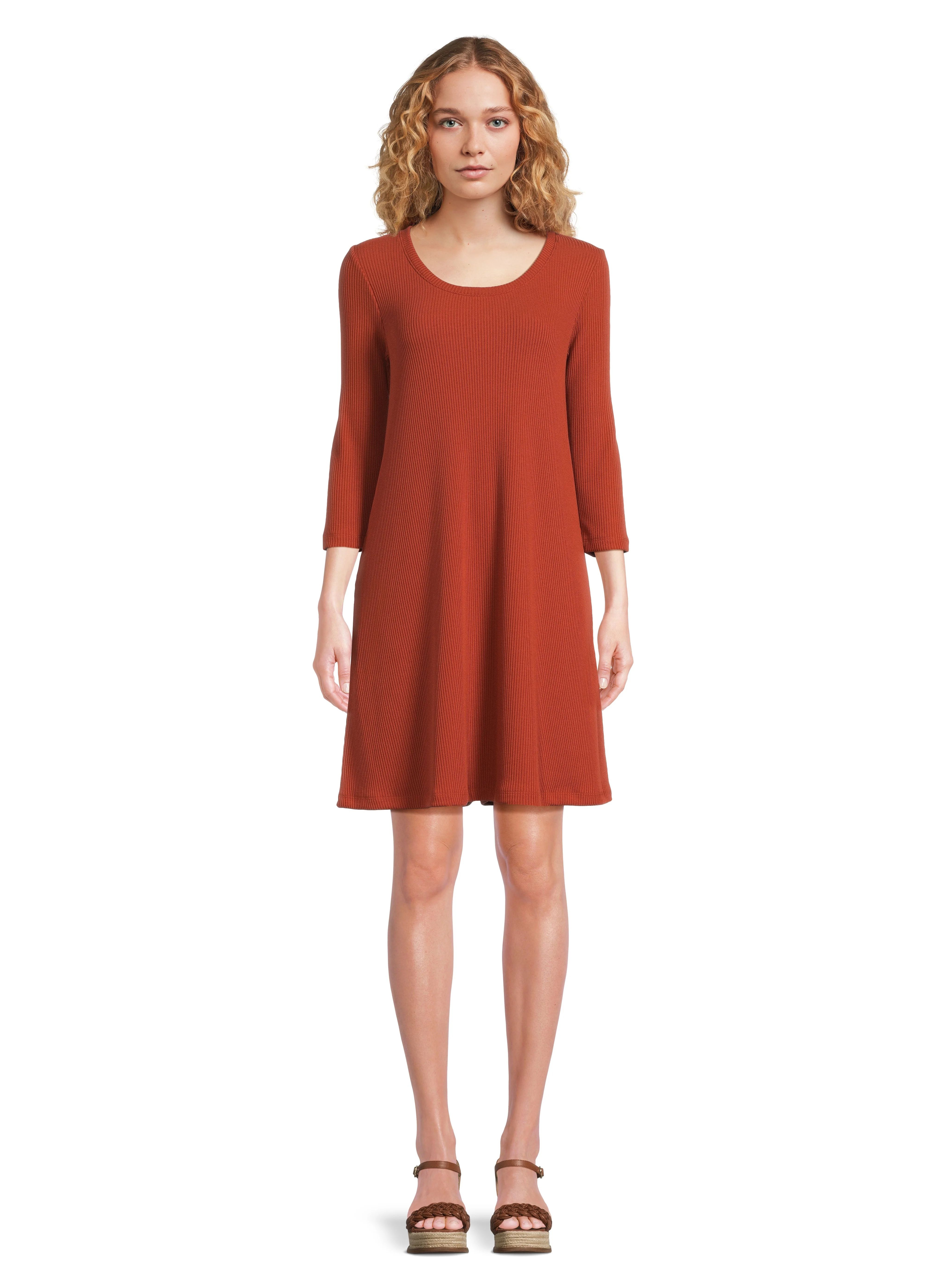 Time and Tru Women's Rib Knit Dress with 3/4-Length Sleeves, Sizes XS-XXXL | Walmart (US)