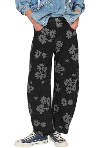chouyatou Women's Y2k Baggy Wide Leg Denim Pants Boho Floral Printed Boyfriend Barrel Jeans with Pockets (X-Small, Flower Black) | Amazon (US)