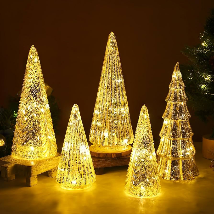 Geetery 5 Pcs Lighted Mercury Glass Christmas Tree Figurine Ornaments Battery Operated Mercury Gl... | Amazon (US)