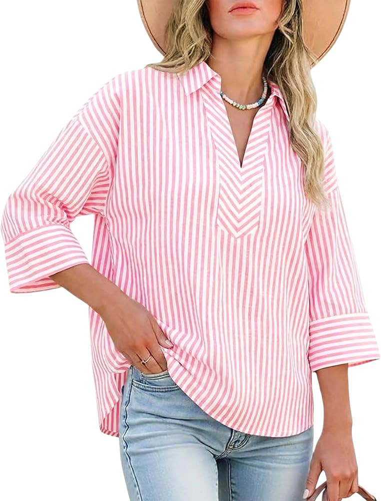 Watashi Women Striped Print Dressy Shirts Casual Oversize Henley Shirt 3/4 Sleeve Collared Office... | Amazon (US)