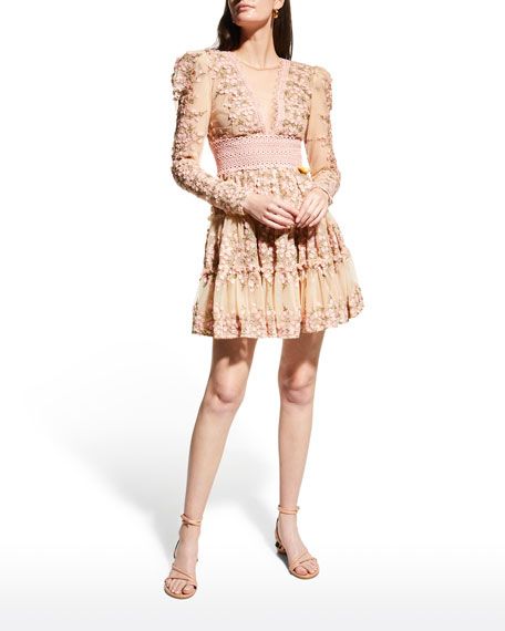 Bronx and Banco Megan Lace Floral-Applique Mini Dress | Neiman Marcus