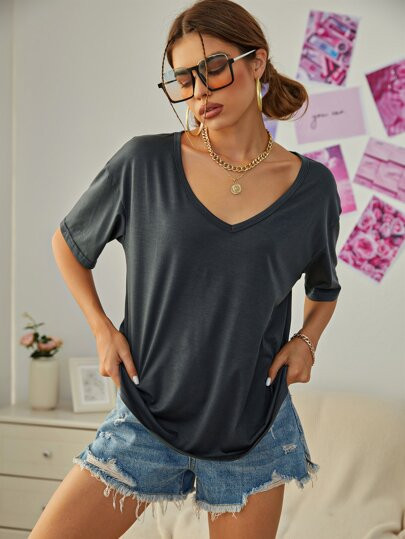 Solid V-neck Drop Shoulder Tee | SHEIN