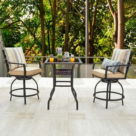 LOKATSE HOME Patio Bar Height Set with 2 Outdoor Swivel Chairs and 1 High Glass Top Table, 3 Piece B | Walmart (US)